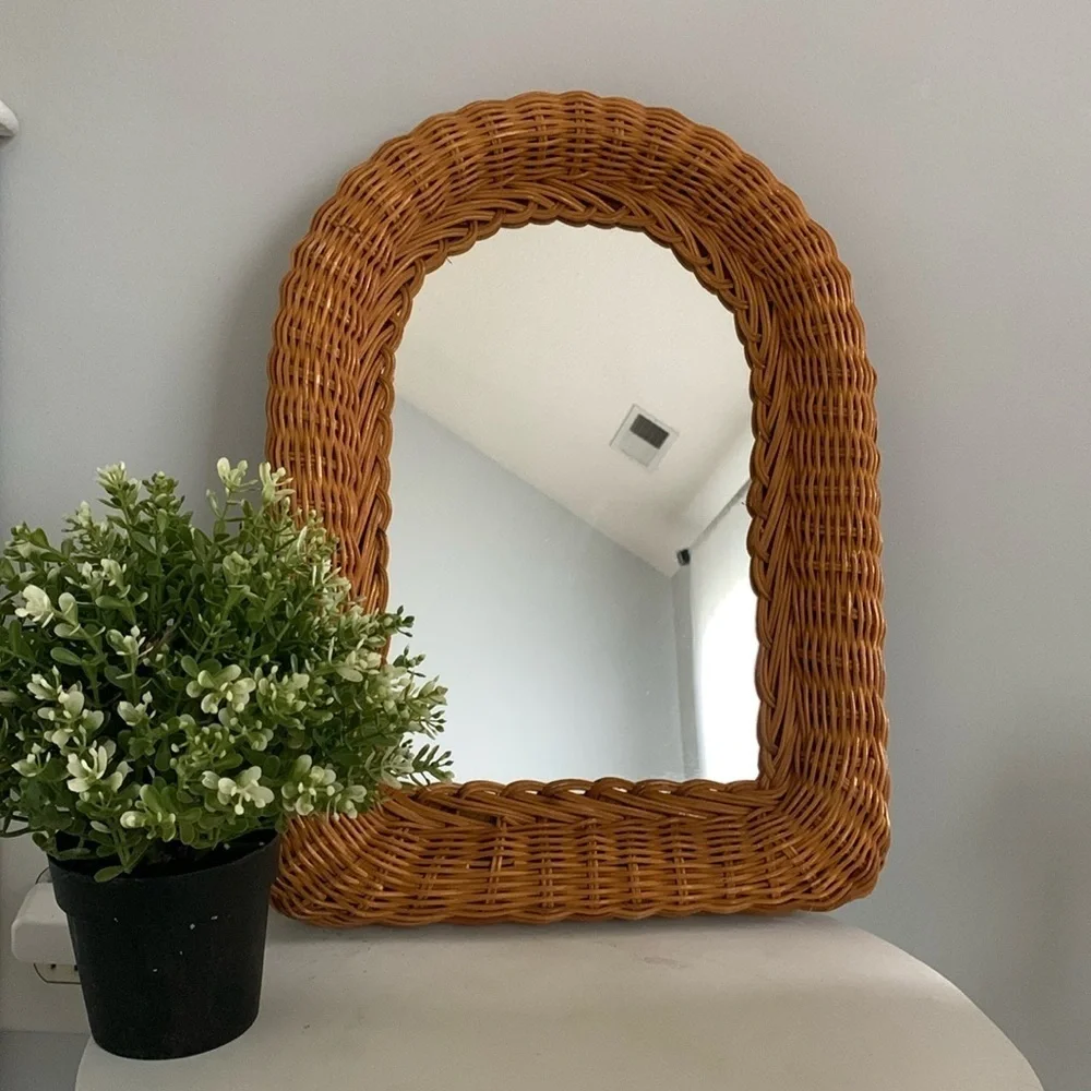 Bohemian Wicker Arch‎ Mirror wall decor tan rattan traditional kids home decor